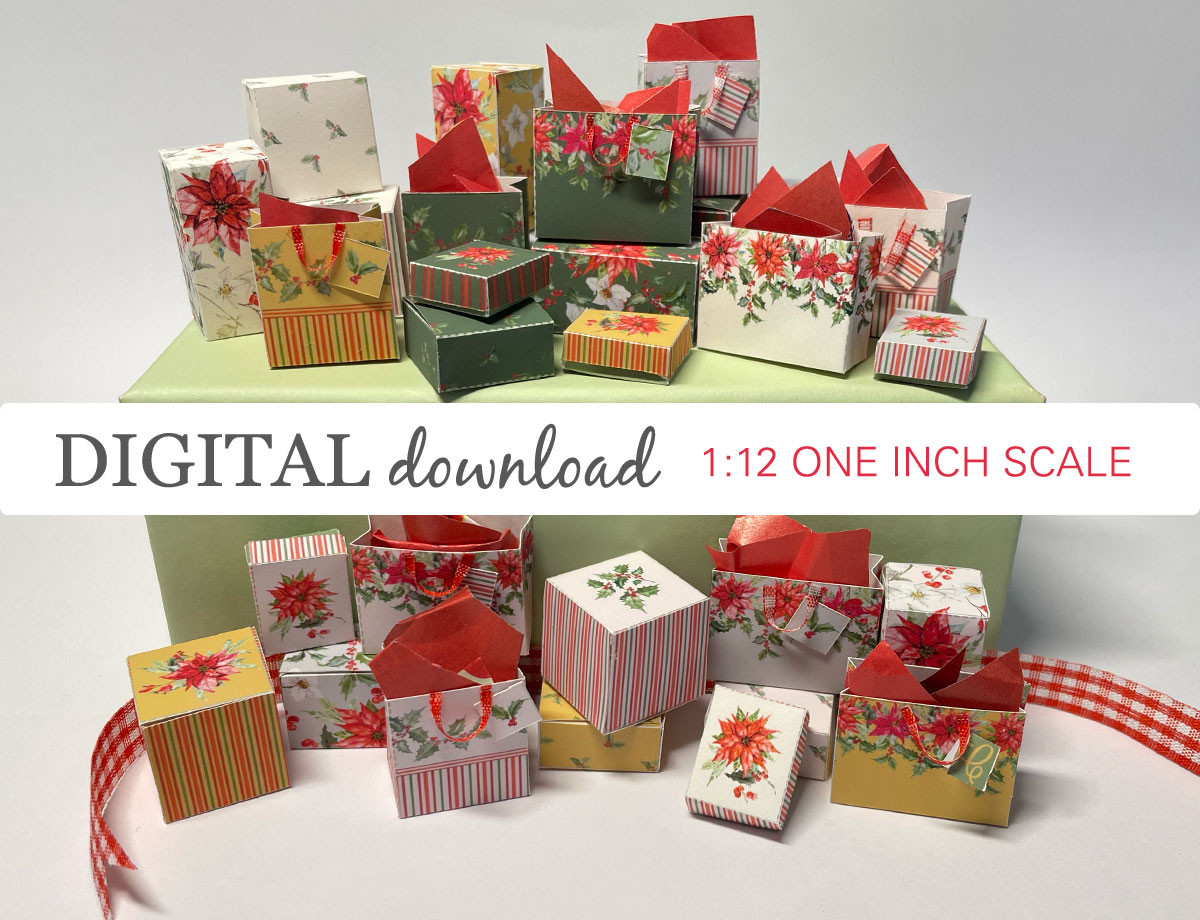 Preview image of 1:12 scale printable dollhouse Christmas gift boxes and bags designed for miniatures and offered as digital sheets ready for instant download and printing.